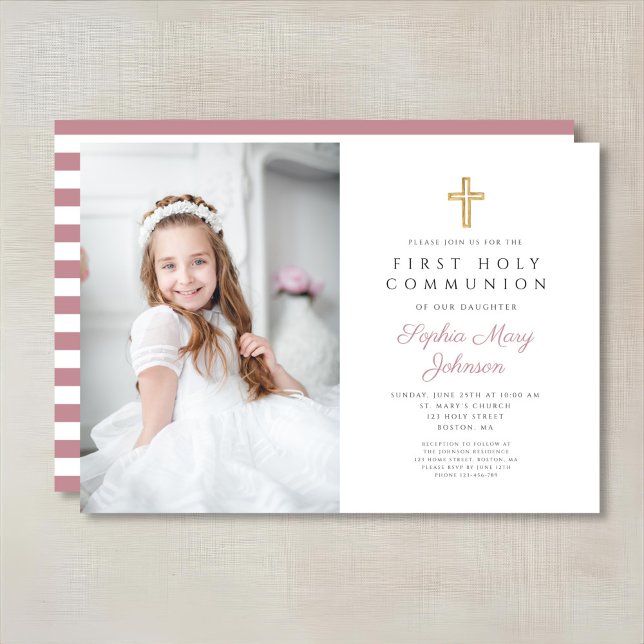 Elegant Rosa Kor Girl First Communion Photo Inbjudningar (Pink Cross Girl First Communion Photo Invitation)