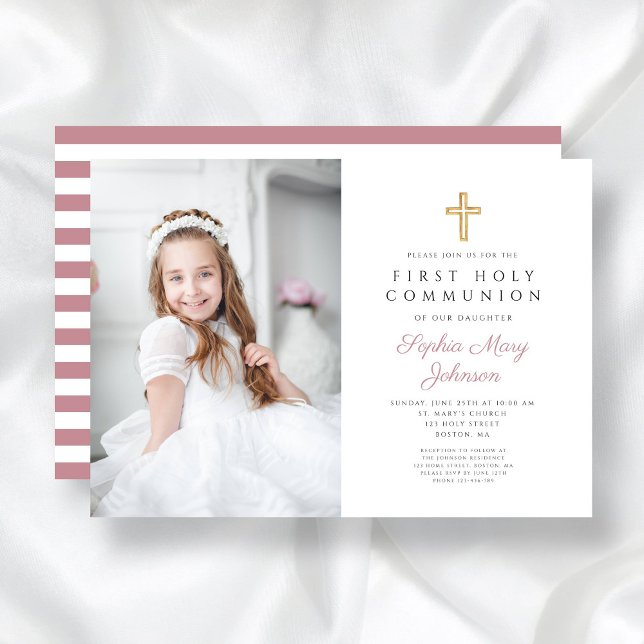 Elegant Rosa Kor Girl First Communion Photo Inbjudningar (Pink Cross Girl First Communion Photo Invitation)