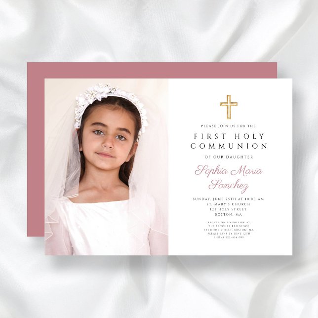 Elegant Rosa Kor Girl First Communion Photo Inbjudningar (Elegant Pink Cross Girl First Communion Photo Invitation)