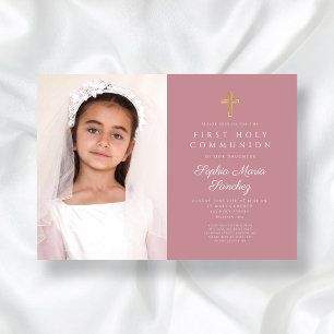 Elegant Rosa Kor Girl First Communion Photo Inbjudningar
