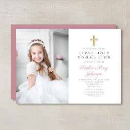 Elegant Rosa Kor Girl Photo First Communion Inbjudningar