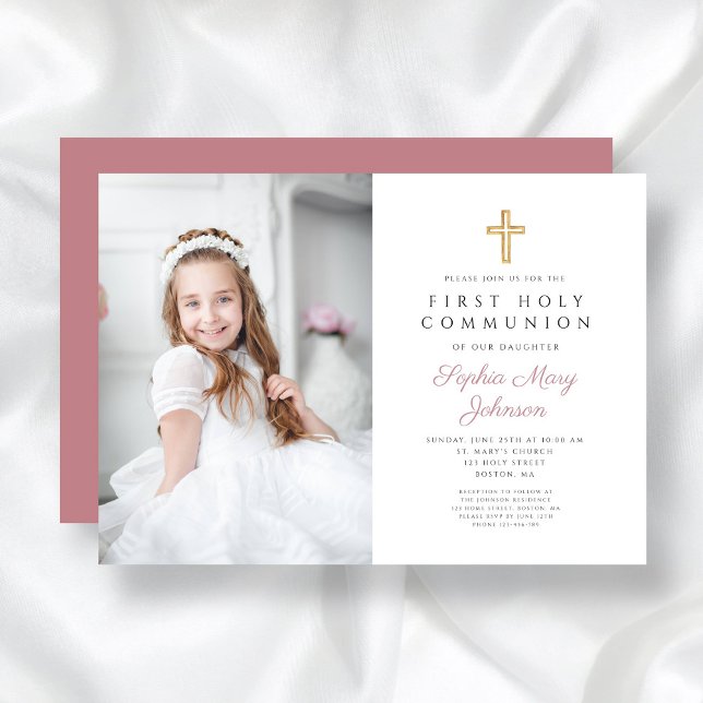 Elegant Rosa Kor Girl Photo First Communion Inbjudningar (Pink Religious Cross Girl First Communion Photo Invitation)