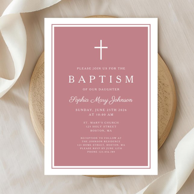 Elegant Rosa Kors Bebis Flickas Dop Inbjudningar (Elegant Pink Cross Baby Girl Baptism Invitation)