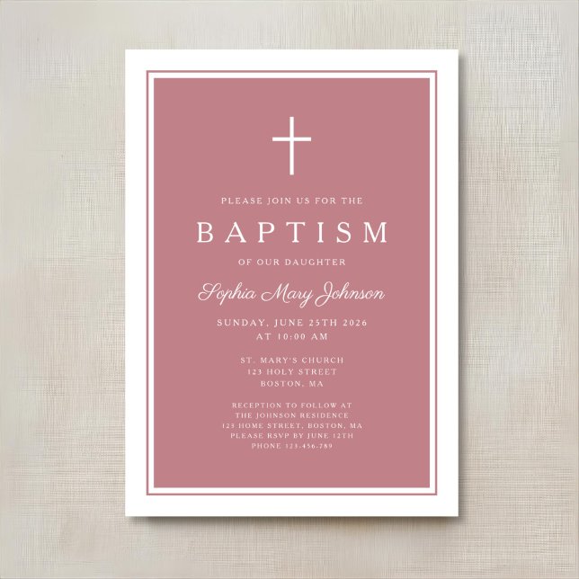 Elegant Rosa Kors Bebis Flickas Dop Inbjudningar (Elegant Pink Cross Baby Girl Baptism Invitation)