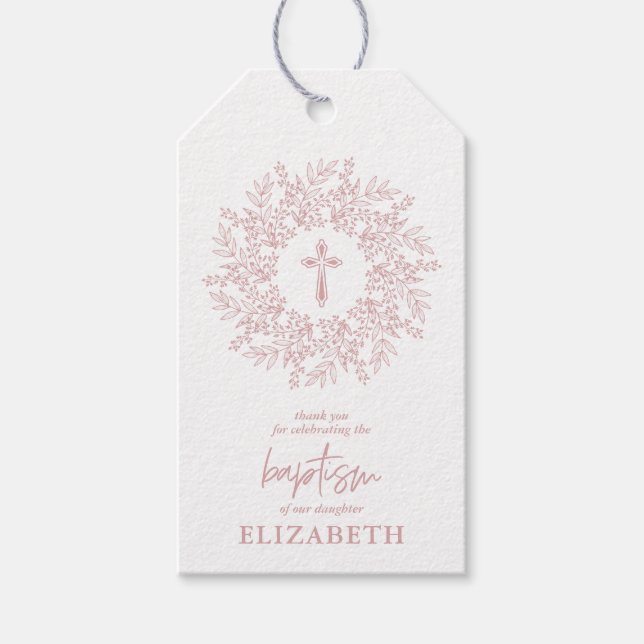 Elegant Rosa Kors Flick Dop Favor Presentetikett (Framsidan)