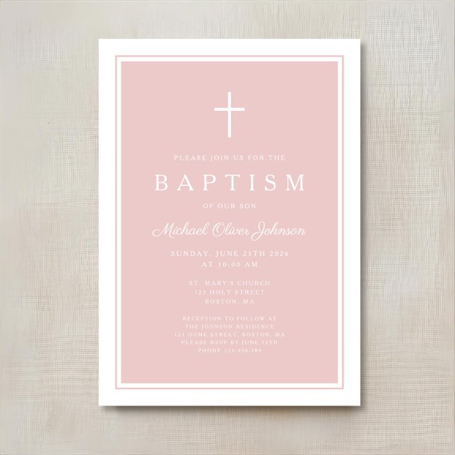 Elegant Rosa Kors Flicka Dop Inbjudningar (Elegant Pink Cross Girl Baptism Invitation)
