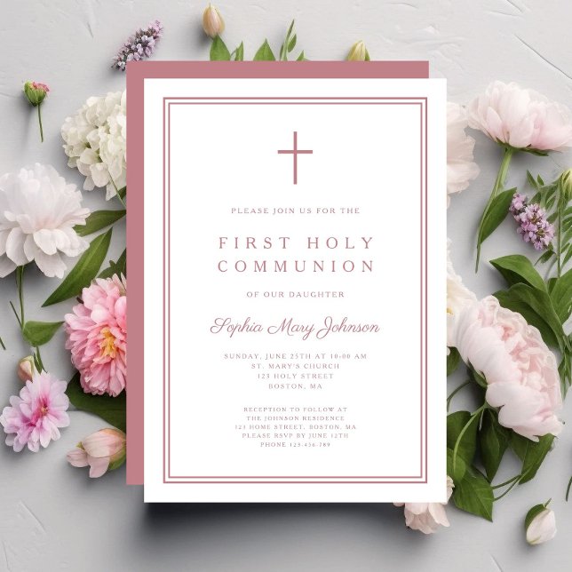 Elegant rosa kors flicka första nattvarden inbjudningar (Elegant Pink Cross Girl First Holy Communion Invitation)