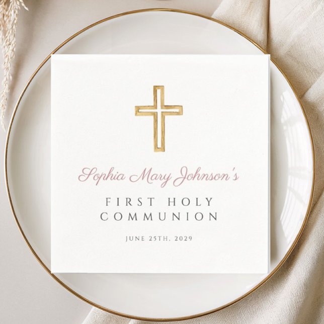 Elegant rosa kors religiös flicka första kommunion pappersservett (Elegant Pink Cross Religious Girl First Communion Napkins)