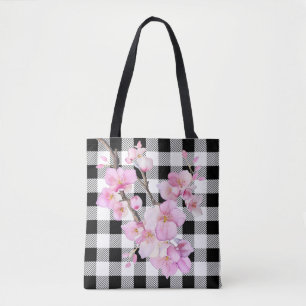 Elegant rosa körsbär blommar svartvit gingham tygkasse