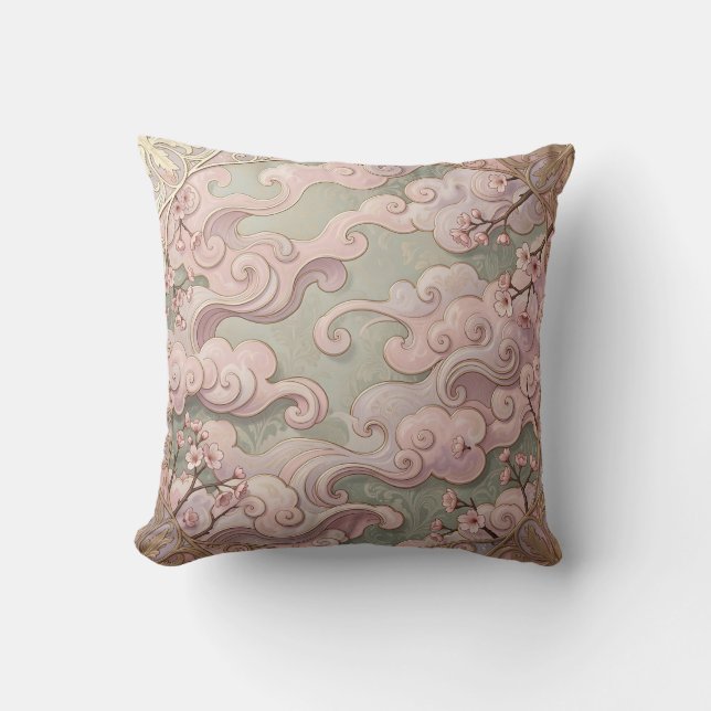 Elegant rosa körsbärsblom-art nouveau-svängar  kudde (Framsida)