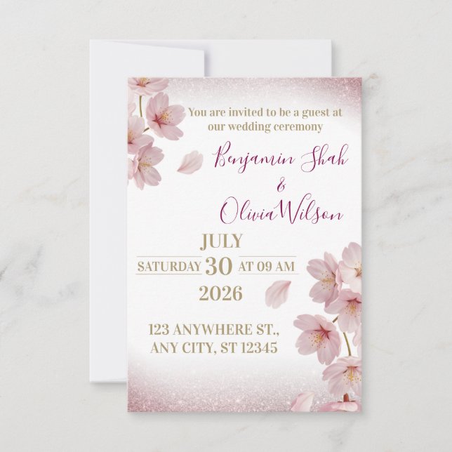 Elegant Rosa Körsbärsblom Glitter Bröllop Inbjudningar (Framsida)