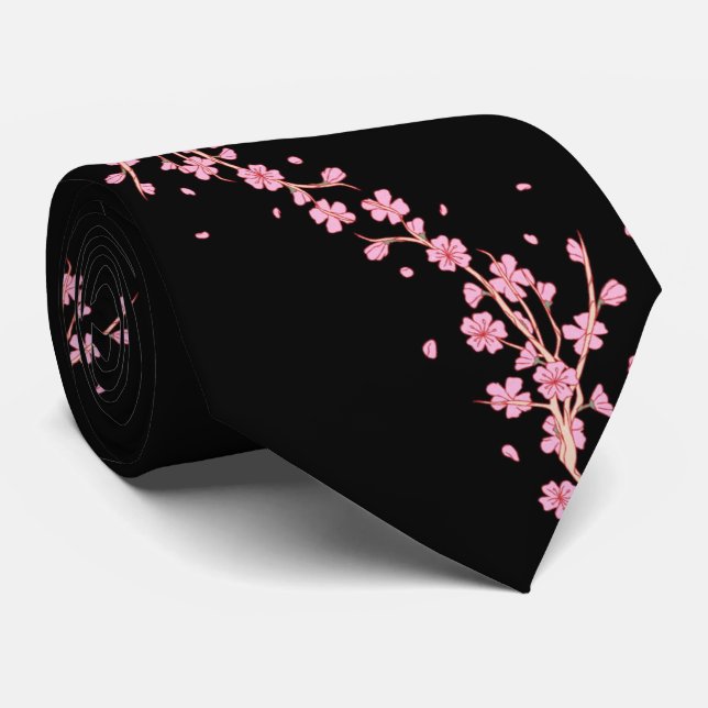 Elegant rosa körsbärsblom på svart siden slips (Rullad)