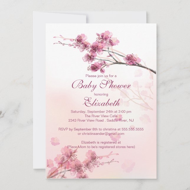 Elegant rosa körsbärsröd blommarblommigtbaby inbjudningar (Framsida)