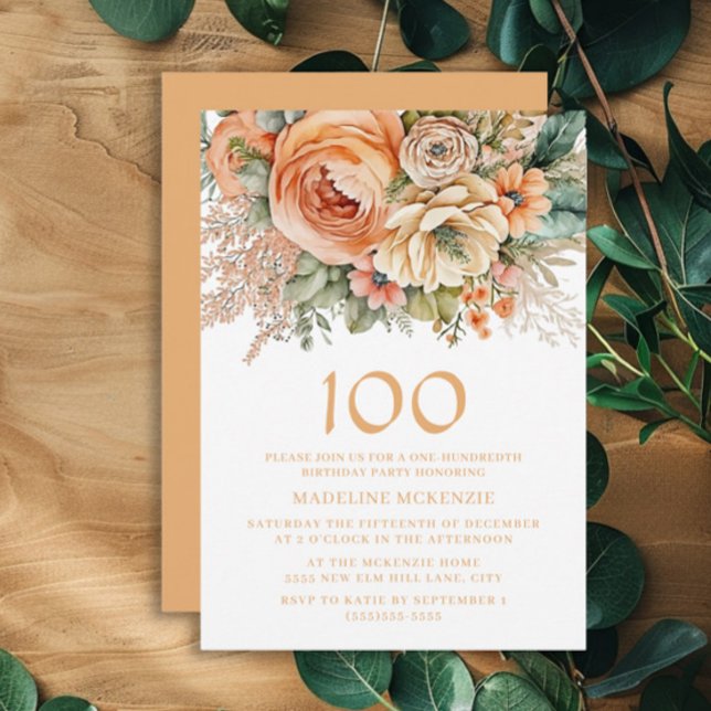 Elegant Rosa Kräm Blommig 100-årsdag Inbjudningar (Peach and cream-colored watercolor floral 100th birthday party invitation)