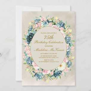 Elegant Rosa Kräm Floral Greenery 75-årsfirande Inbjudningar