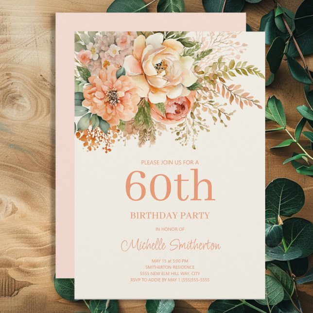 Elegant rosa krämblommig 60-årsdag inbjudningar (Peach and cream-colored watercolor floral 60th birthday party invitation)
