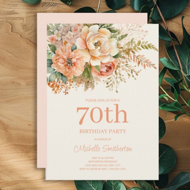 Elegant rosa krämblommig 70-årsdag inbjudningar (Peach and cream watercolor floral 70th birthday party invitation)