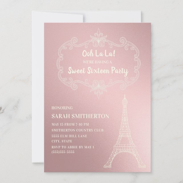 Elegant rosa krämfärgad Eiffeltorn Vit Sweet 16 Inbjudningar (Framsida)
