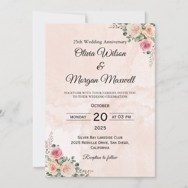 Elegant Rosa Krämfärgade Blommiga Bröllopsjubileum Inbjudningar (Framsida)