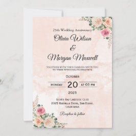 Elegant Rosa Krämfärgade Blommiga Bröllopsjubileum Inbjudningar