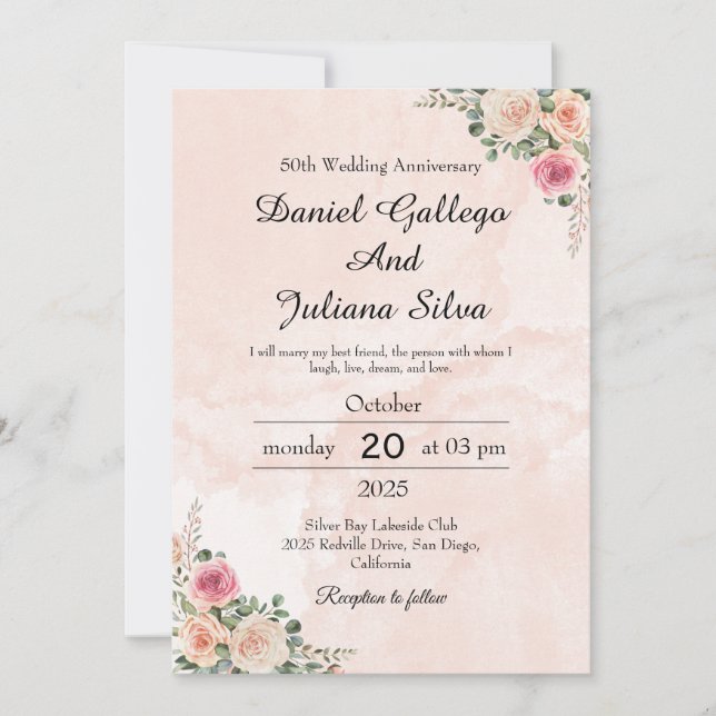 Elegant Rosa Krämfärgade Blommiga Bröllopsjubileum Inbjudningar (Framsida)