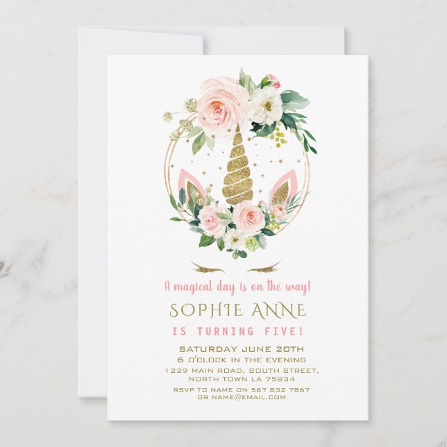 Elegant Rosa Krämfärgade Blommor Guld Enhörning Fö Inbjudningar (Framsida)