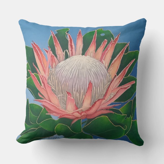 Elegant Rosa Kung Protea | Blomma Botanisk Konst Kudde (Framsida)