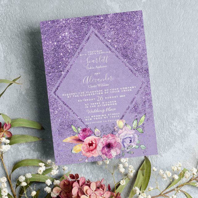 Elegant rosa lavender glitter blommigt Bröllop Inbjudningar (Elegant pink lavender glitter floral Wedding )