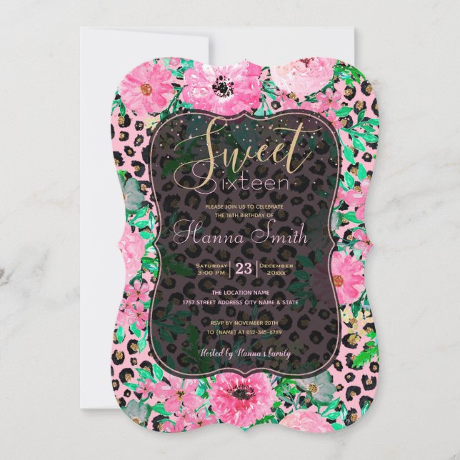 Elegant Rosa Leopard Print and Blommigt Design Inbjudningar (Framsida)