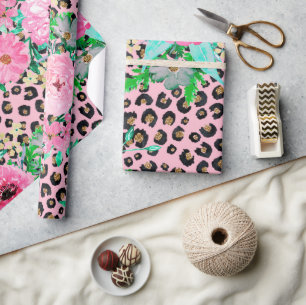 Elegant Rosa Leopard Print and Blommigt Design Presentpapper