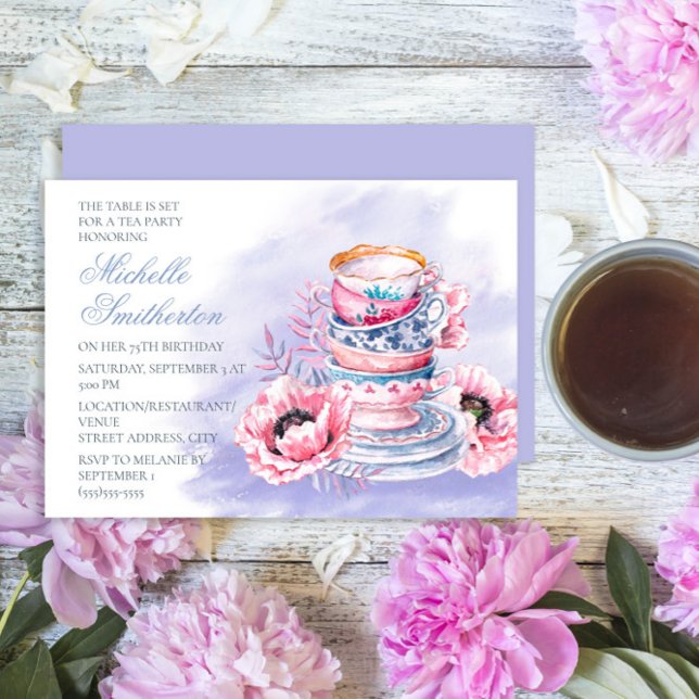 Elegant rosa lila 75-årsdagste-partaj inbjudningar (Elegant purple and pink tea party birthday party for any age)