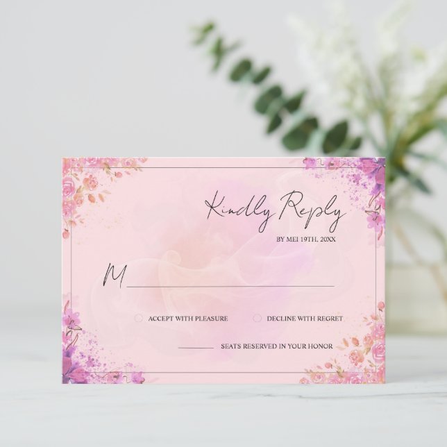 Elegant Rosa Lila Akvarell Blommig Bröllops-RSVP OSA Kort (Stående Fram)