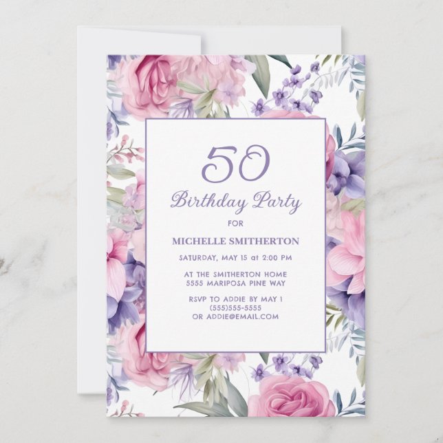 Elegant Rosa Lila Blommig 50-årsdag Inbjudningar (Framsida)
