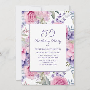 Elegant Rosa Lila Blommig 50-årsdag Inbjudningar