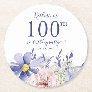 Elegant Rosa Lila Blommigt 100:e Födelsedagsfesten Underlägg Papper Rund