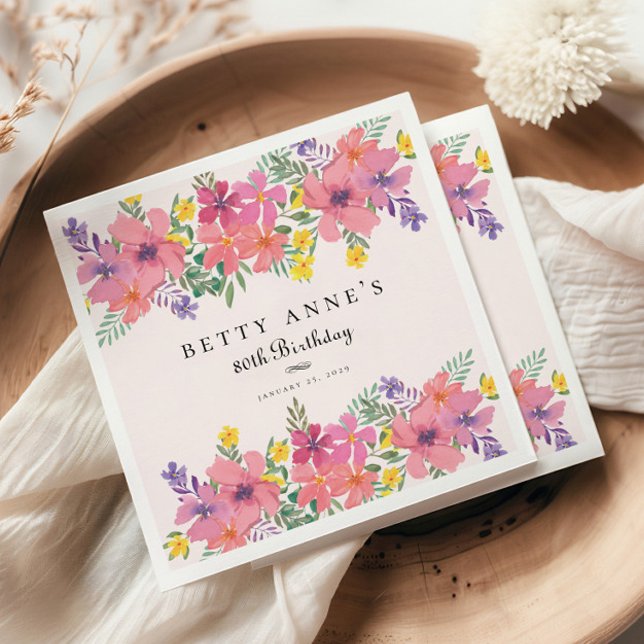 Elegant Rosa Lila Blommigt 80:e Födelsedagsfesten Pappersservett (Skapare uppladdad)