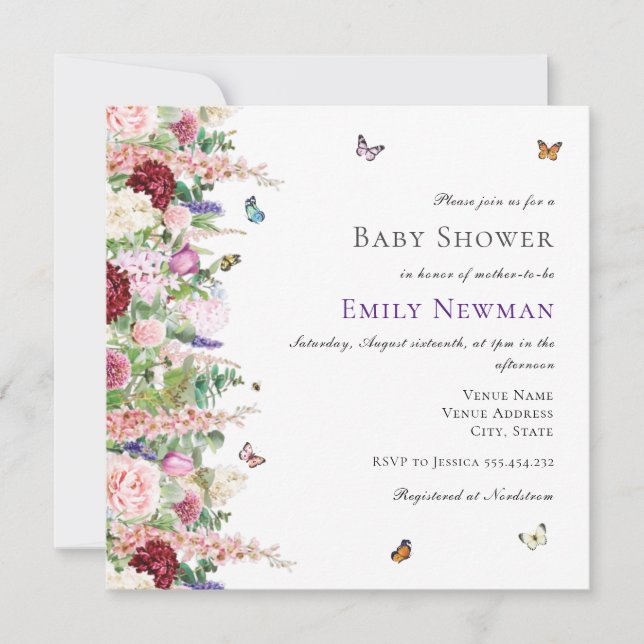 Elegant Rosa Lila Blommigt Butterflies Baby Shower Inbjudningar (Framsida)