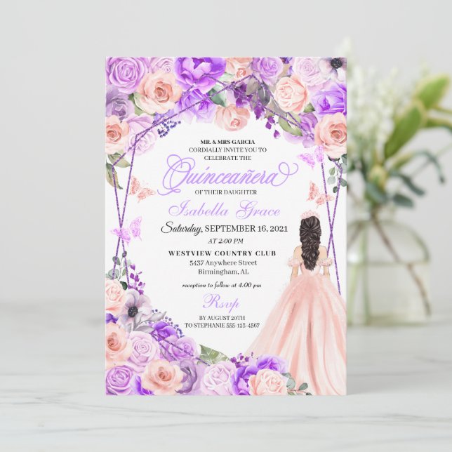 Elegant Rosa & Lila Blommigt Quinceanera-inbjudan Inbjudningar (Stående Fram)
