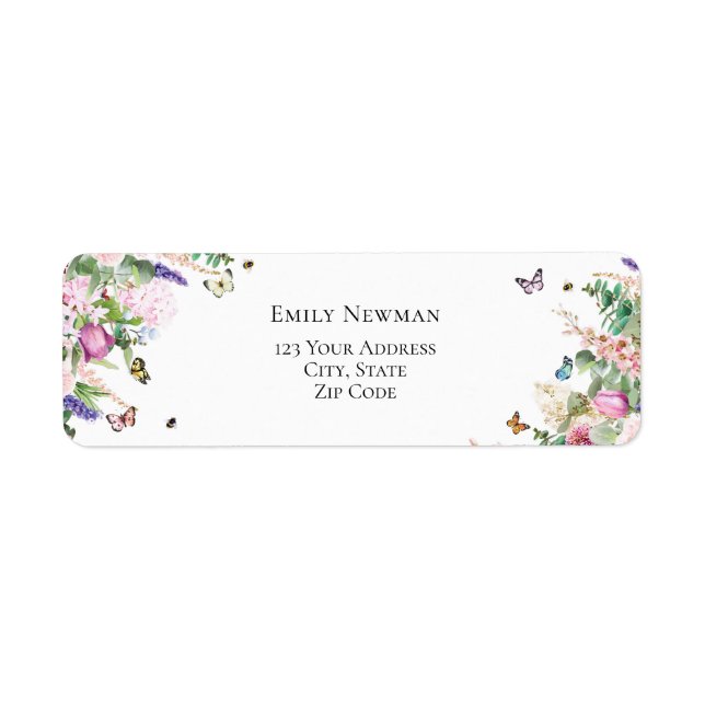 Elegant Rosa Lila blommor & Butterflies-etikett Returadress Etikett (Framsidan)