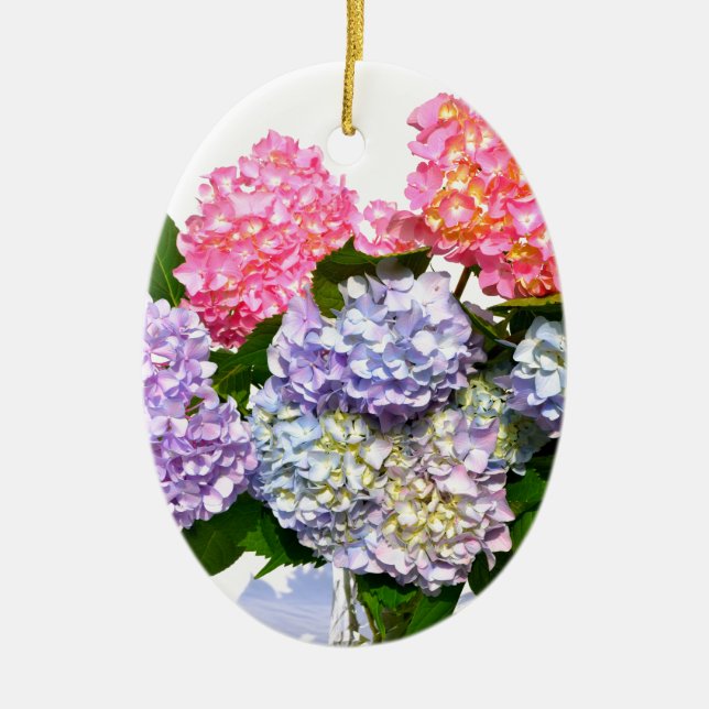 Elegant rosa lila blue blommigt hydrangea bouquet julgransprydnad keramik (Framsidan)