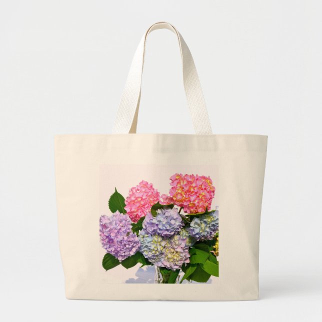 Elegant rosa lila blue blommigt hydrangea bouquet jumbo tygkasse (Framsidan)