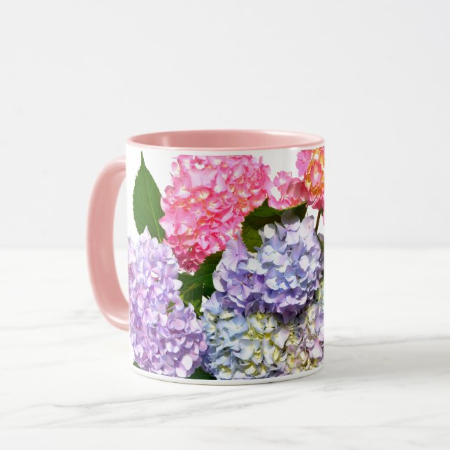 Elegant rosa lila blue blommigt hydrangea bouquet mugg (Framsida vänster)