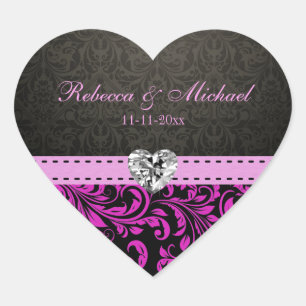 Elegant Rosa Lila Damask Bride & Groom-klistermärk Hjärtformat Klistermärke