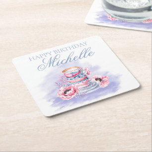 Elegant rosa lila Glad födelsedag Tea Party Underlägg Papper Kvadrat