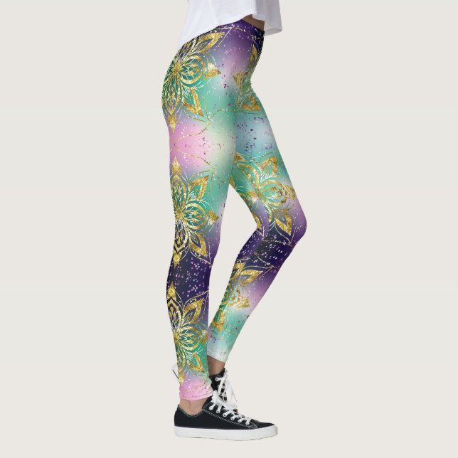 Elegant Rosa lila grönt  helgdag Snöflingor stjärn Leggings (Höger)