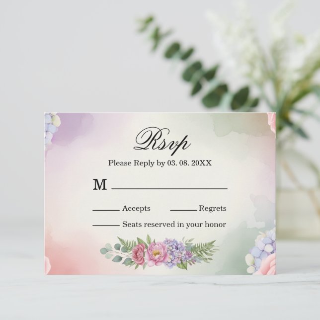 Elegant Rosa Lila Hydrangea Bröllops Svarskort OSA Kort (Stående Fram)