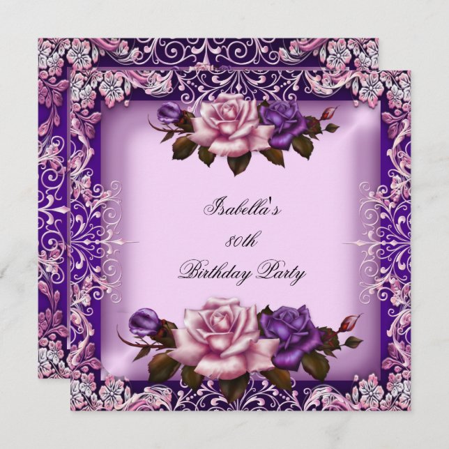 Elegant Rosa Lila Lilac Ro 80:e Födelsedagsfesten Inbjudningar (Fram/baksida)