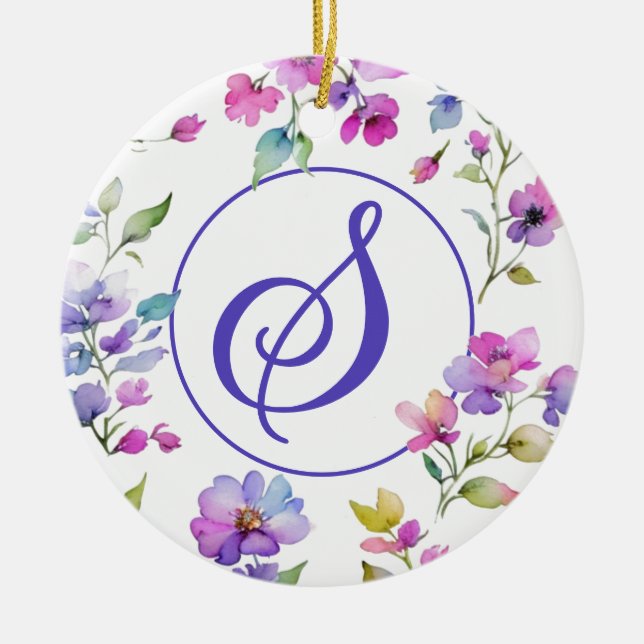Elegant rosa lila vattenfärgsblommor julgransprydnad keramik (Framsidan)