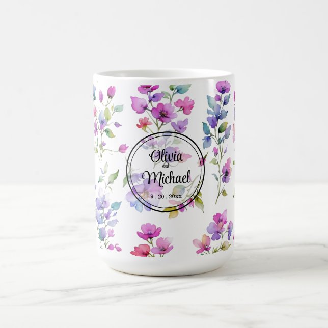 Elegant rosa lila vattenfärgsblommor kaffemugg (Center)