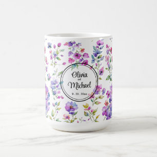 Elegant rosa lila vattenfärgsblommor kaffemugg